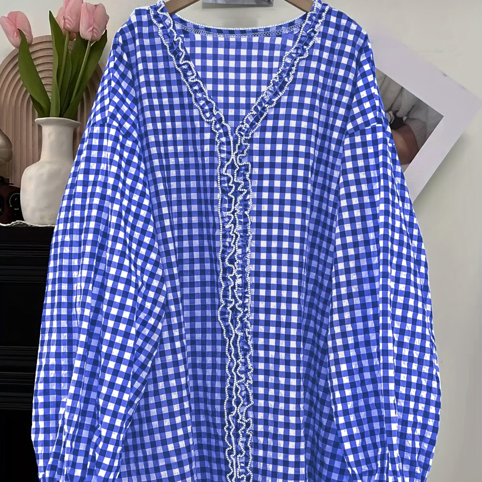 Plus Size Women's Loose Checkered Wood Ear Flap Shirt