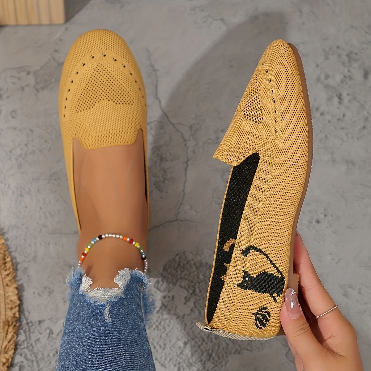 Women's Breathable Fabric Ballet Flats with Heart Pattern Slip-On Shoes