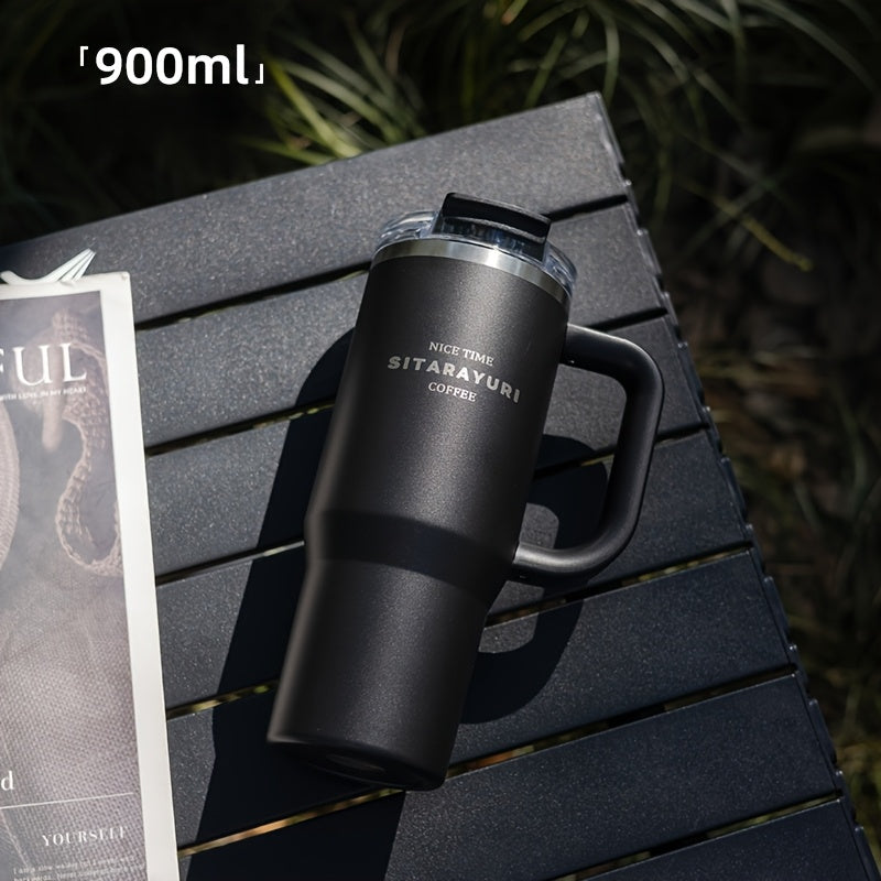 900ml Izolyatsiyalangan zanglamaydigan po'latdan yasalgan tumbler, quvurlik bilan, choyshab bilan, tashqi sayohat, sport uchun qayta ishlatiladigan va suv o'tkazmaydigan