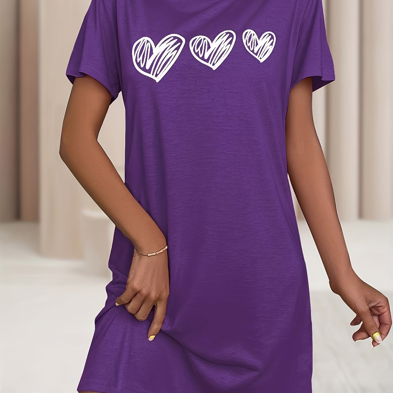 Women's Plus Size Heart Print Sleep Dress Soft Stretchy Nightgown Yellow