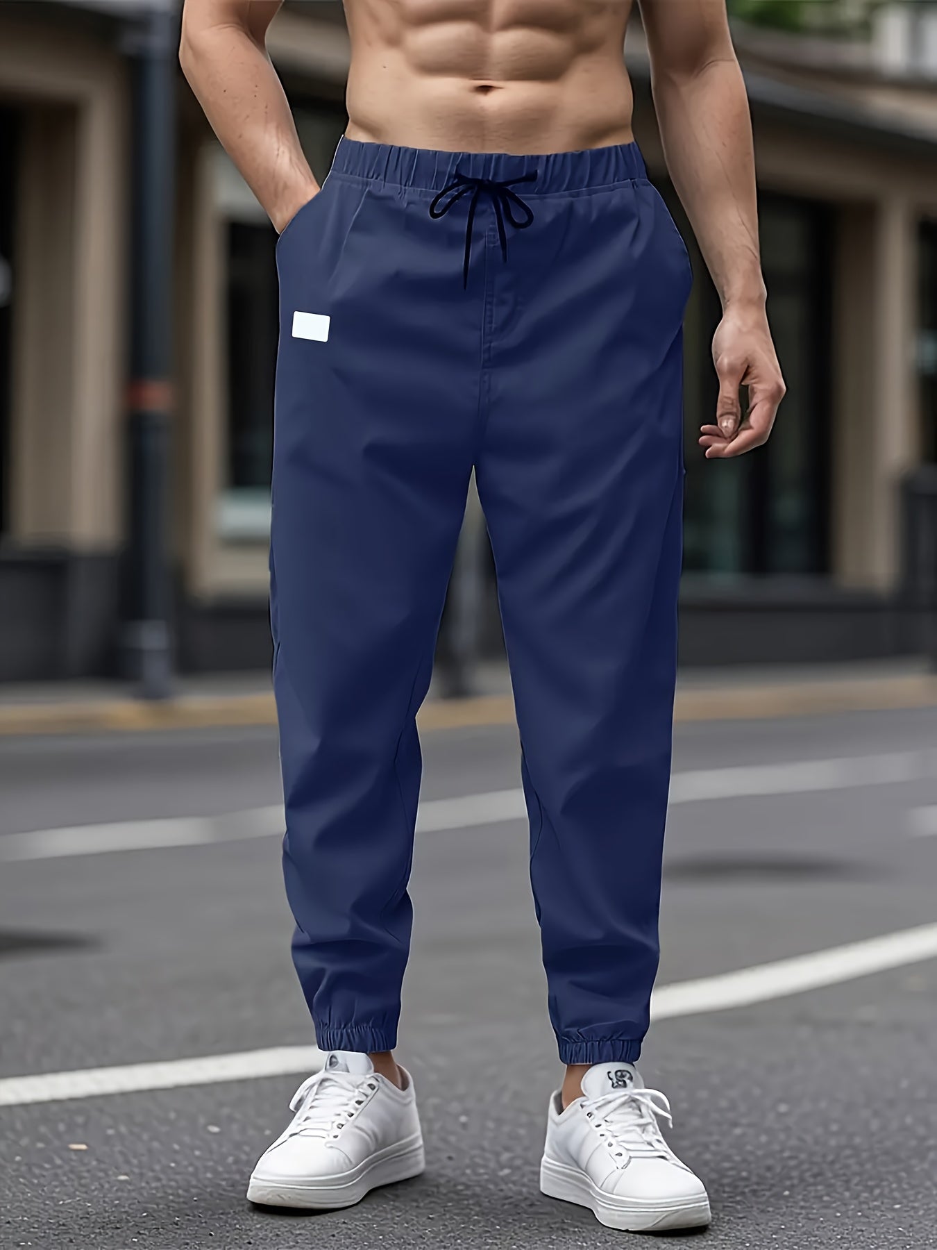 Men's Casual Cargo Pants Non-Stretch Polyester Drawstring Waist Regular Fit Solid Color