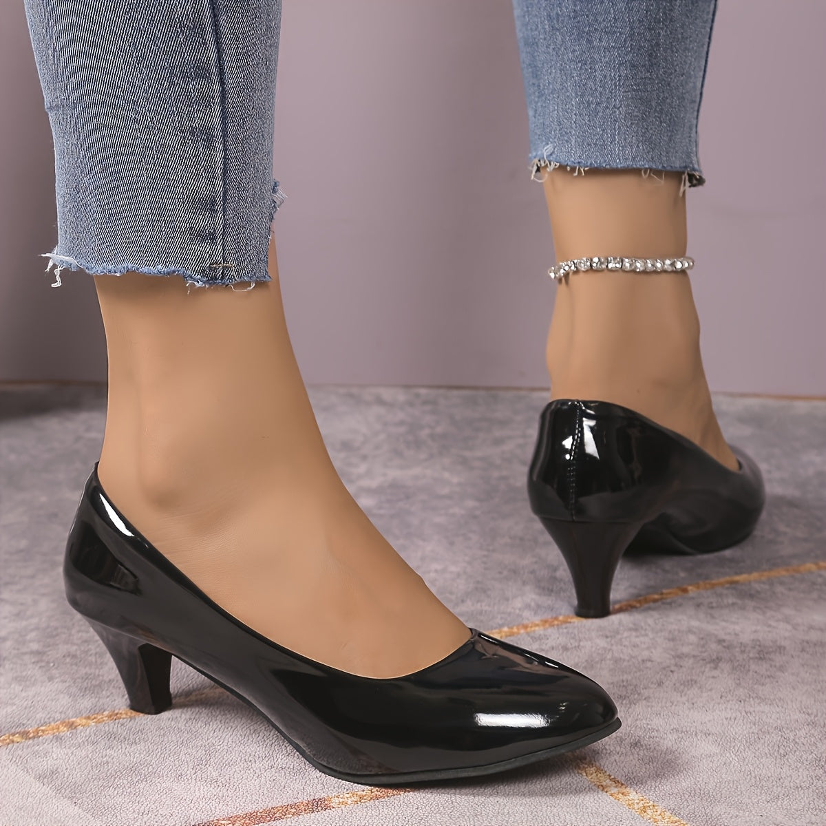 Women's Black Pointed Toe High Heel Pumps with Ankle Strap