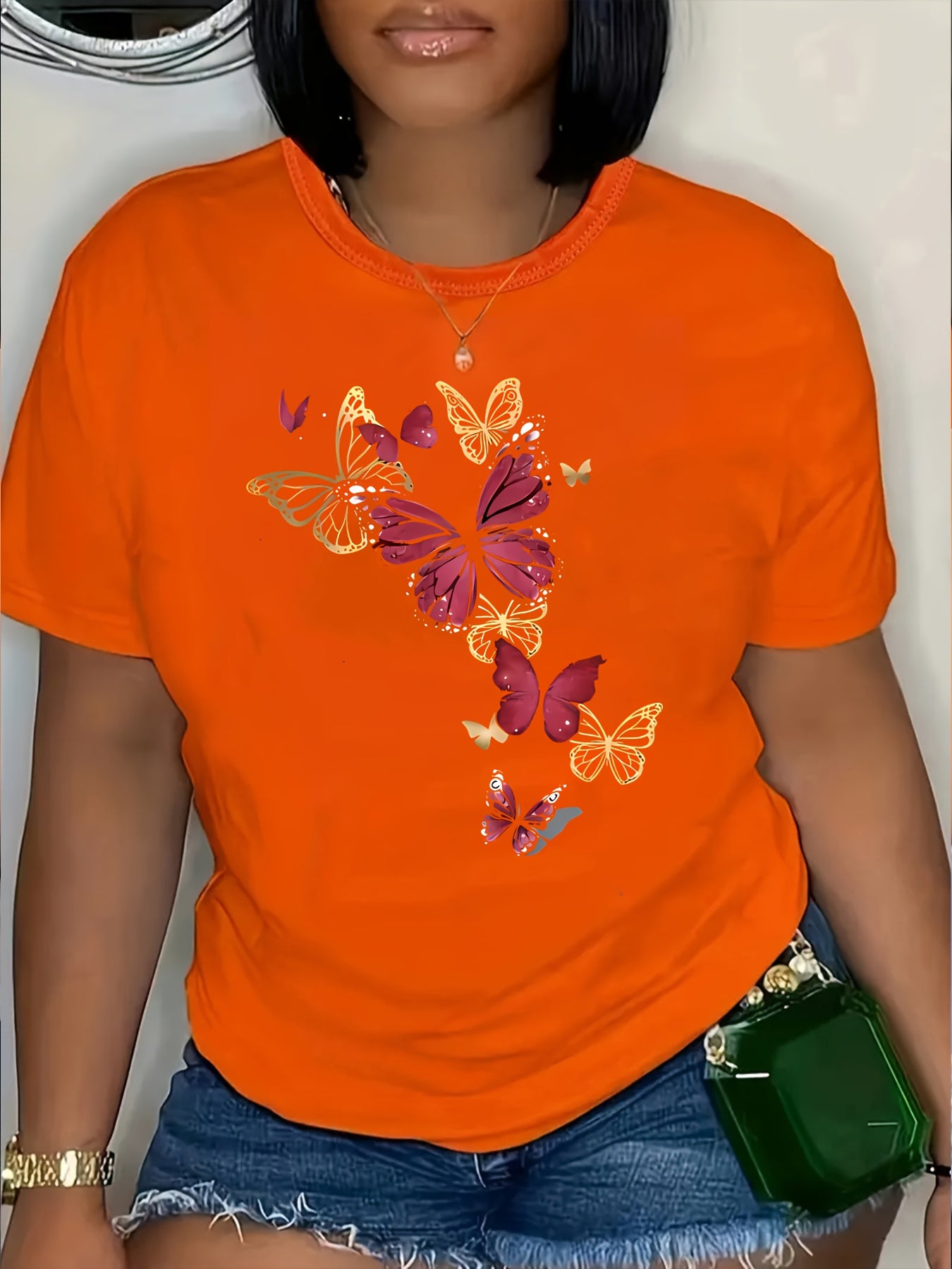 Women's Plus Size Casual Round Neck T-Shirt with Butterfly Print