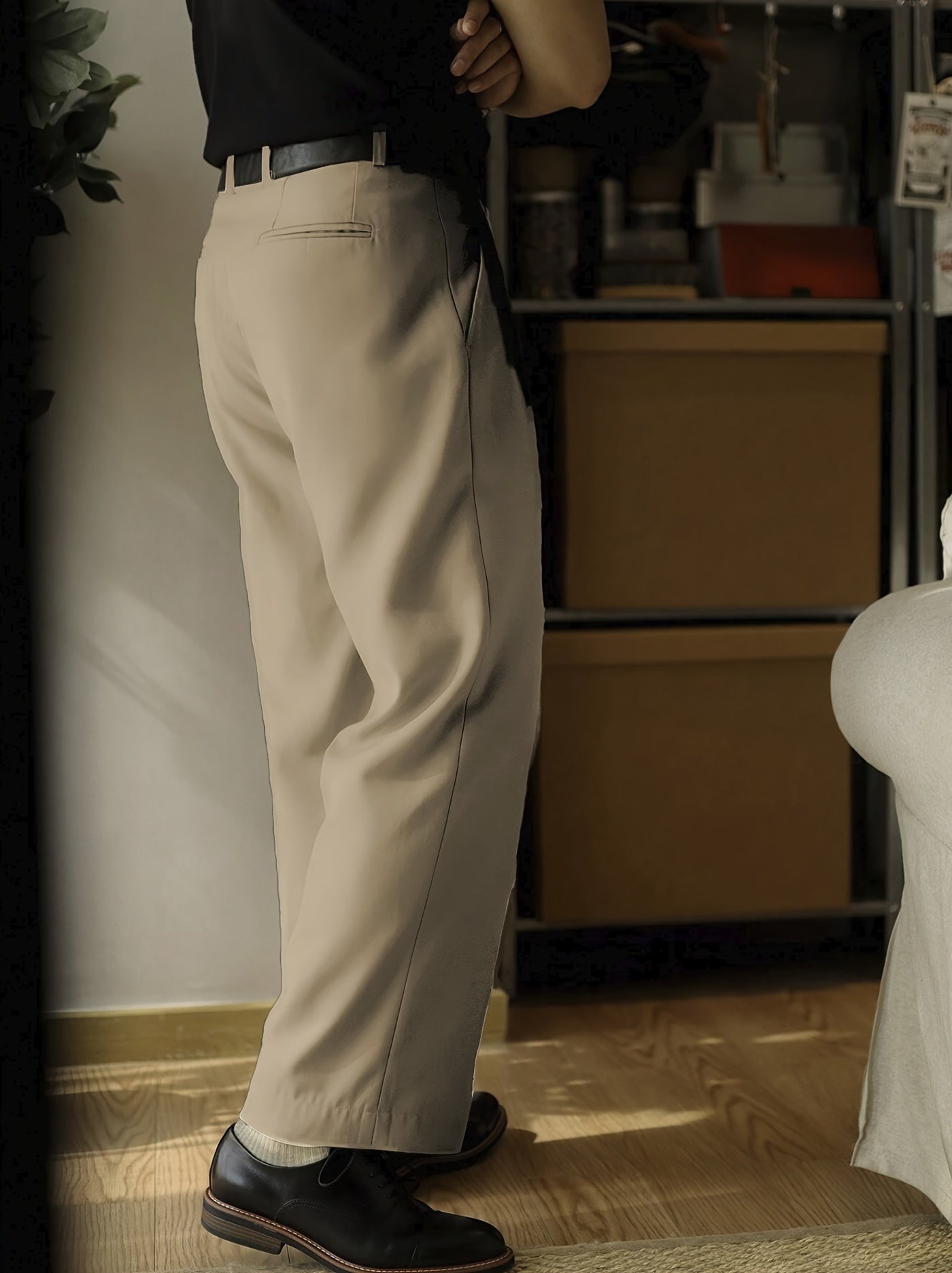 Pantalones de traje de cintura alta para hombre de color sólido, poliéster no elástico, casual, con pliegues y bolsillos, para todas las estaciones