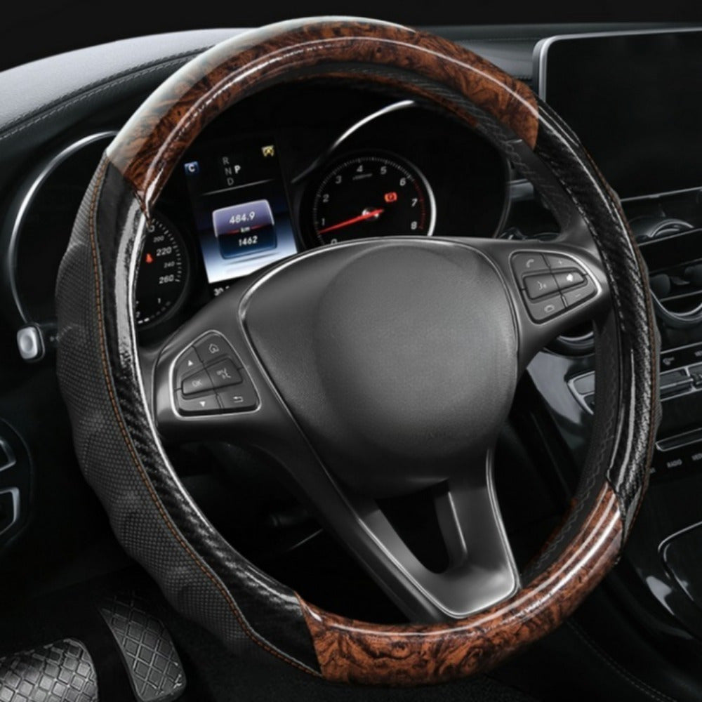 Universal Wooden and Faux Leather Steering Wheel Cover Non-Slip Breathable Durable