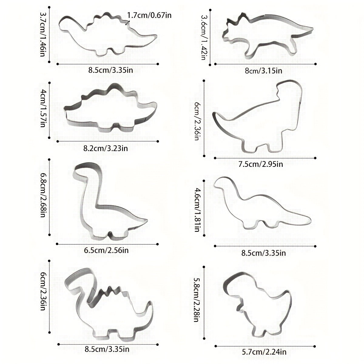 Set of 8 Dinosaur-Shaped Stainless Steel Cookie Cutters for Baking Pastries and Biscuits