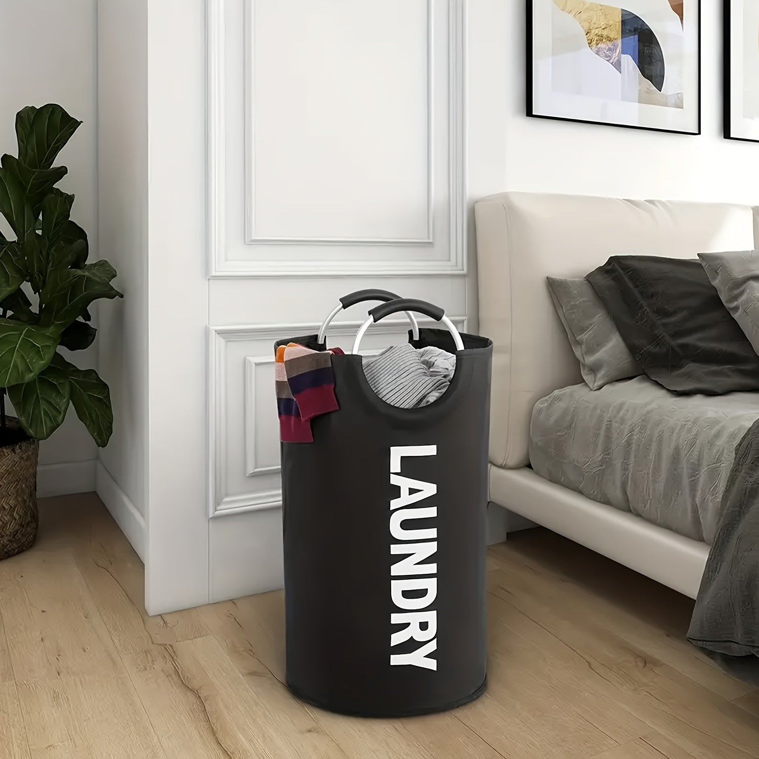 Black Laundry Hamper 90L Collapsible Waterproof Nylon with Aluminum Handles