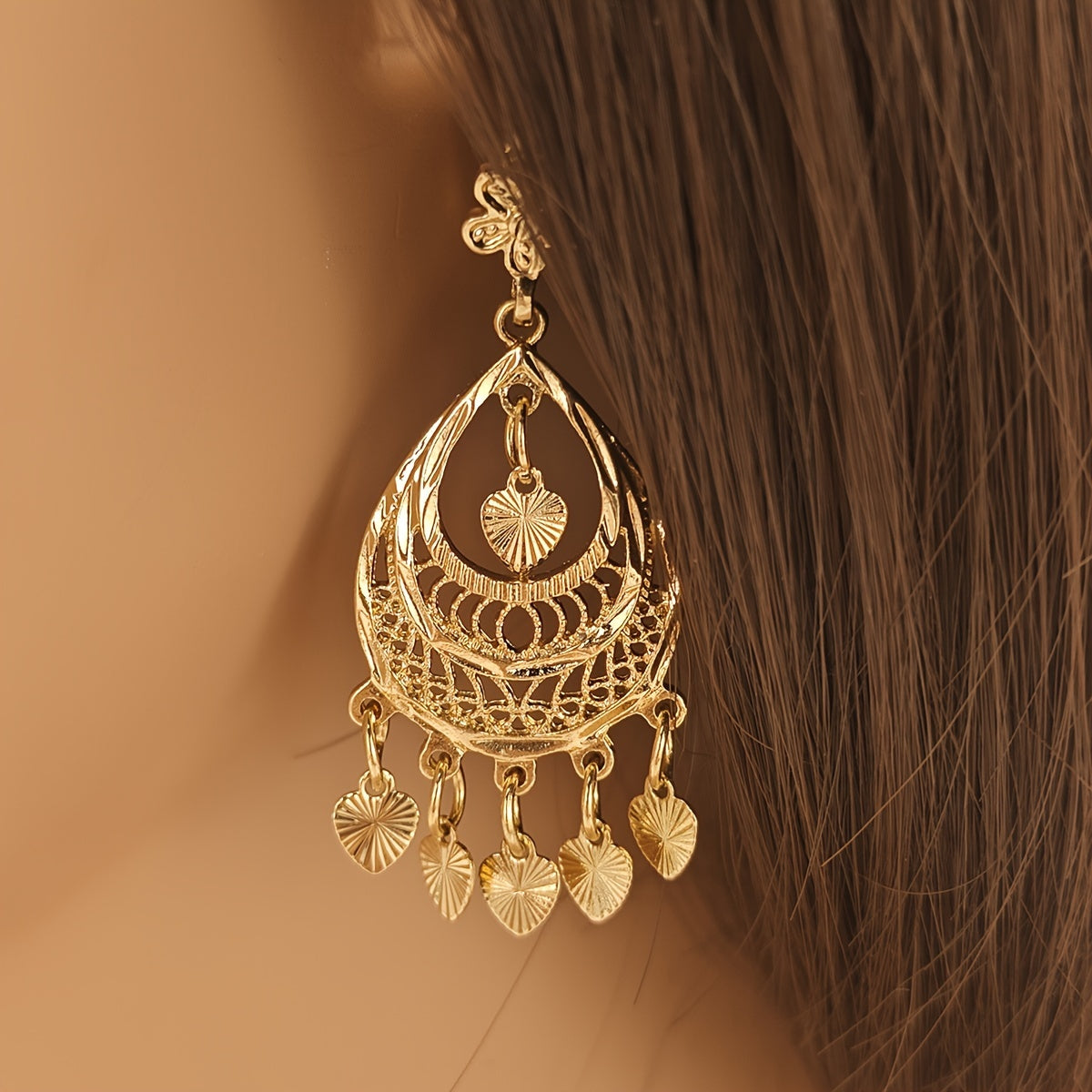 Golden Heart Tassel Drop Earrings Vintage Inspired Hollow Design for Weddings Parties and Daily Wear