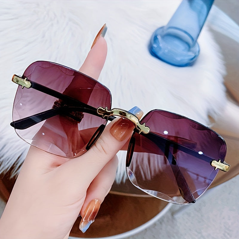 Women's Rimless Square Fashion Glasses Gradient Lens Golden Frame Lightweight Plastic Vintage Style for Beach Party Travel