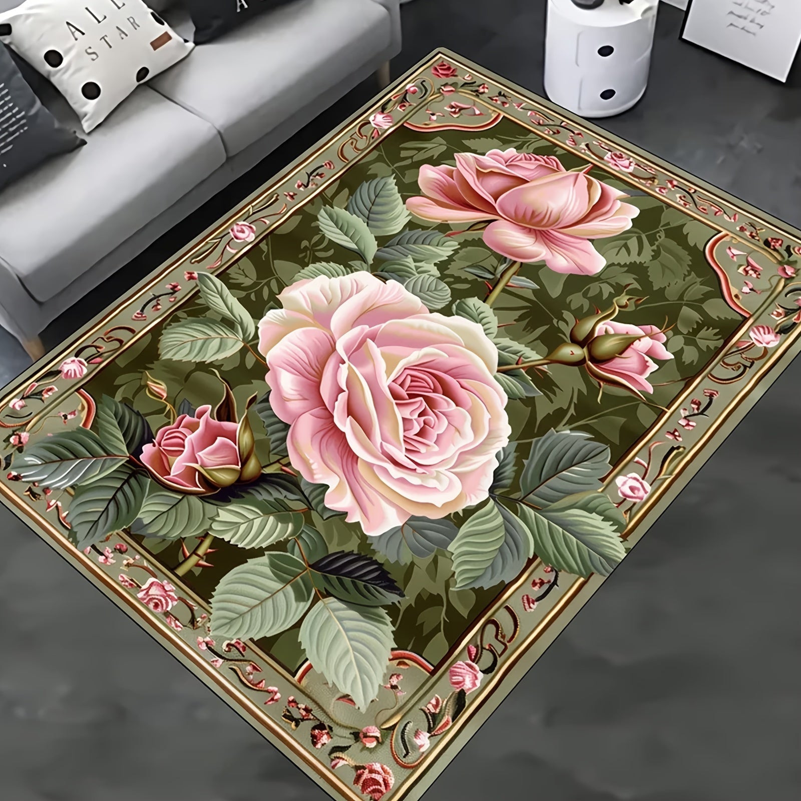 Pink Rose Pattern Area Rug Soft Non-Slip Durable Polyester Floor Mat for Living Room Kitchen