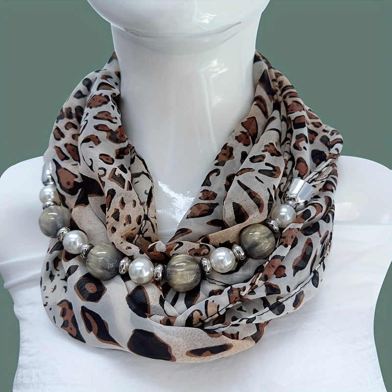 Beaded Necklace Scarf Women’s Chiffon Imitation Ceramic Beads Infinity Accessory