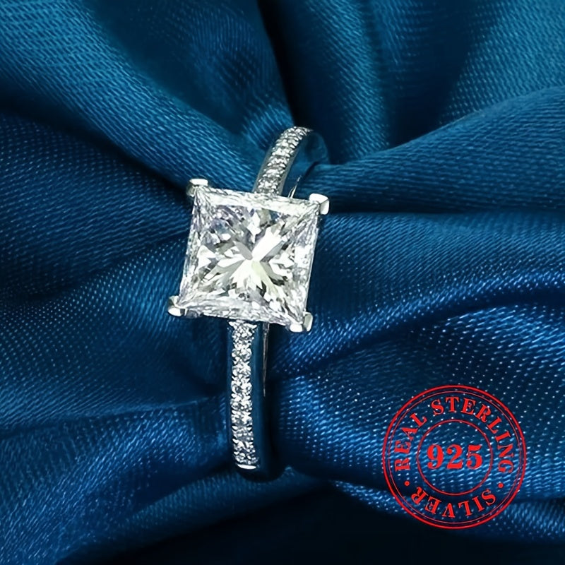 Роскошное кольцо в стиле отпуска из стерлингового серебра S925 с гало и принцессовидным кубическим цирконием в 4-лапковом креплении - идеальное обручальное кольцо или подарок для женщин, идеально подходит для свадеб и праздников.