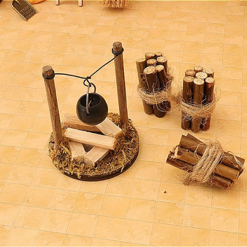 Compact Wood Burning Stove and Pot Set for Mini Gardens and Model Kitchens