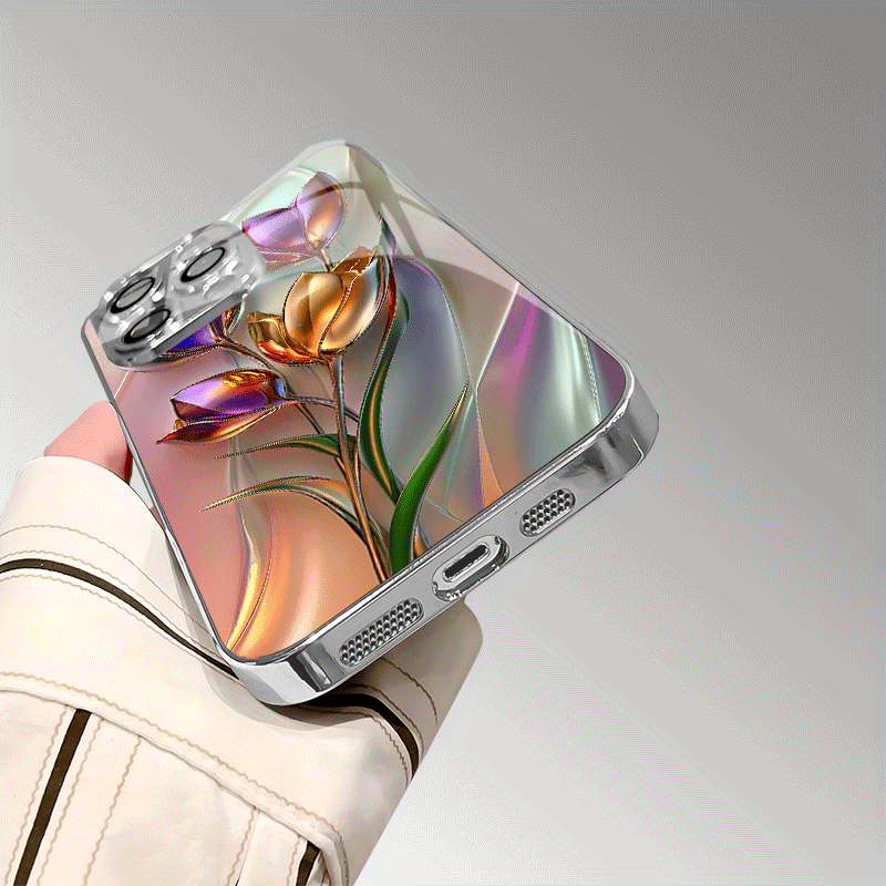 Funda de teléfono de vidrio con patrón de tulipán 3D colorido y protección para lente para modelos de iPhone, protección contra caídas, vidrio templado