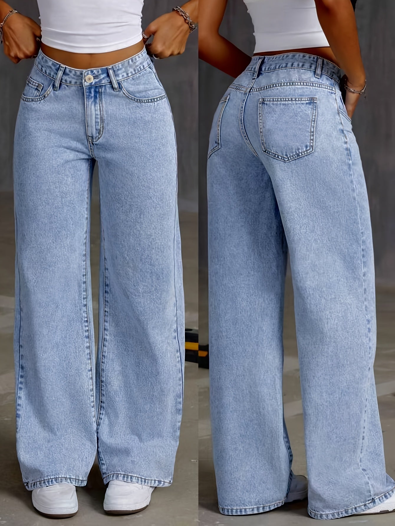 Jeans de cintura alta y pierna ancha para mujer con apertura de botones, de color sólido para todas las estaciones, con tela ligeramente elástica