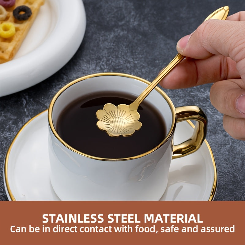 Set of 8 Stainless Steel Coffee Spoons with Flower Pattern for Coffee and Dessert