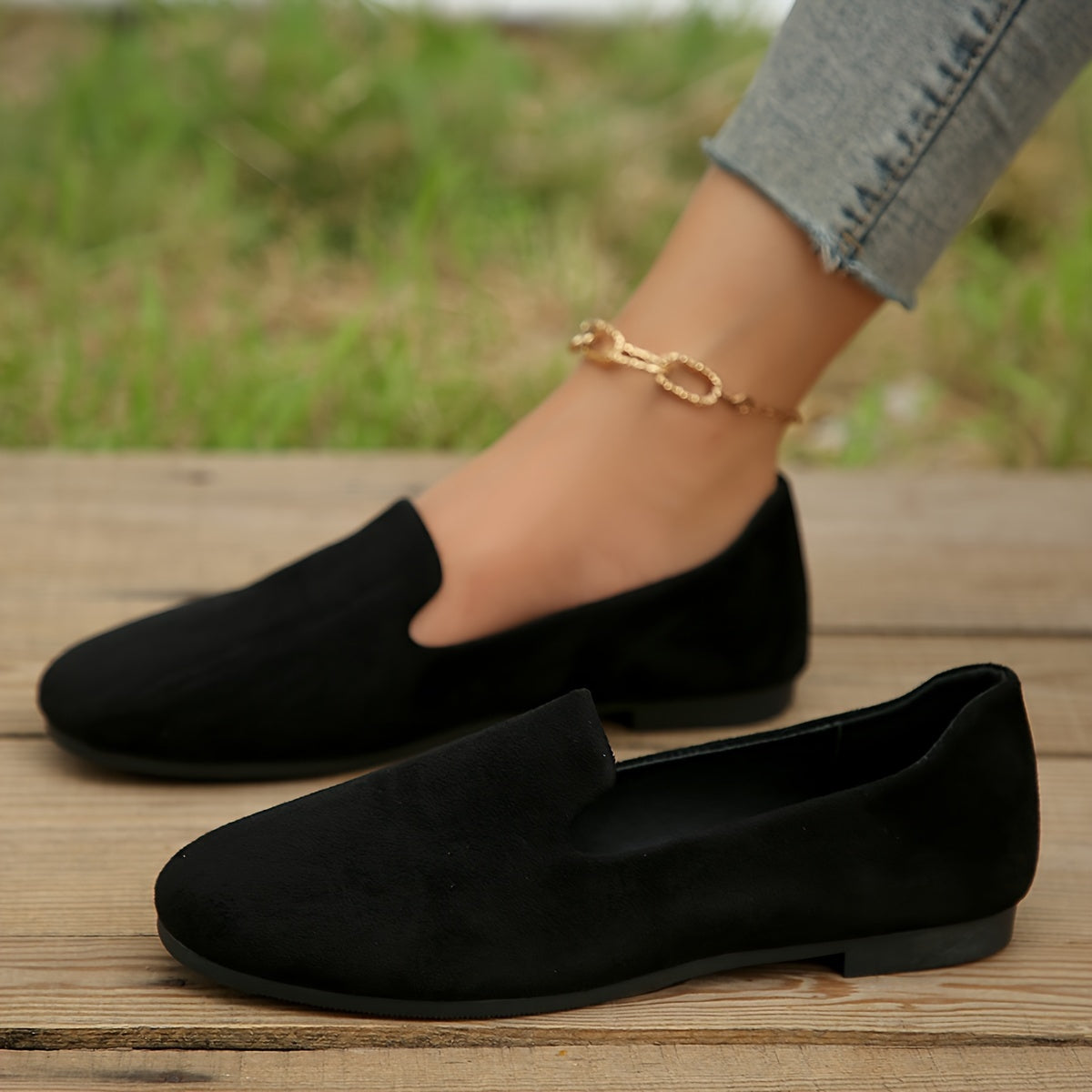 Women's Black Flannel Slip-On Flats with Round Toe Lightweight Plastic Sole