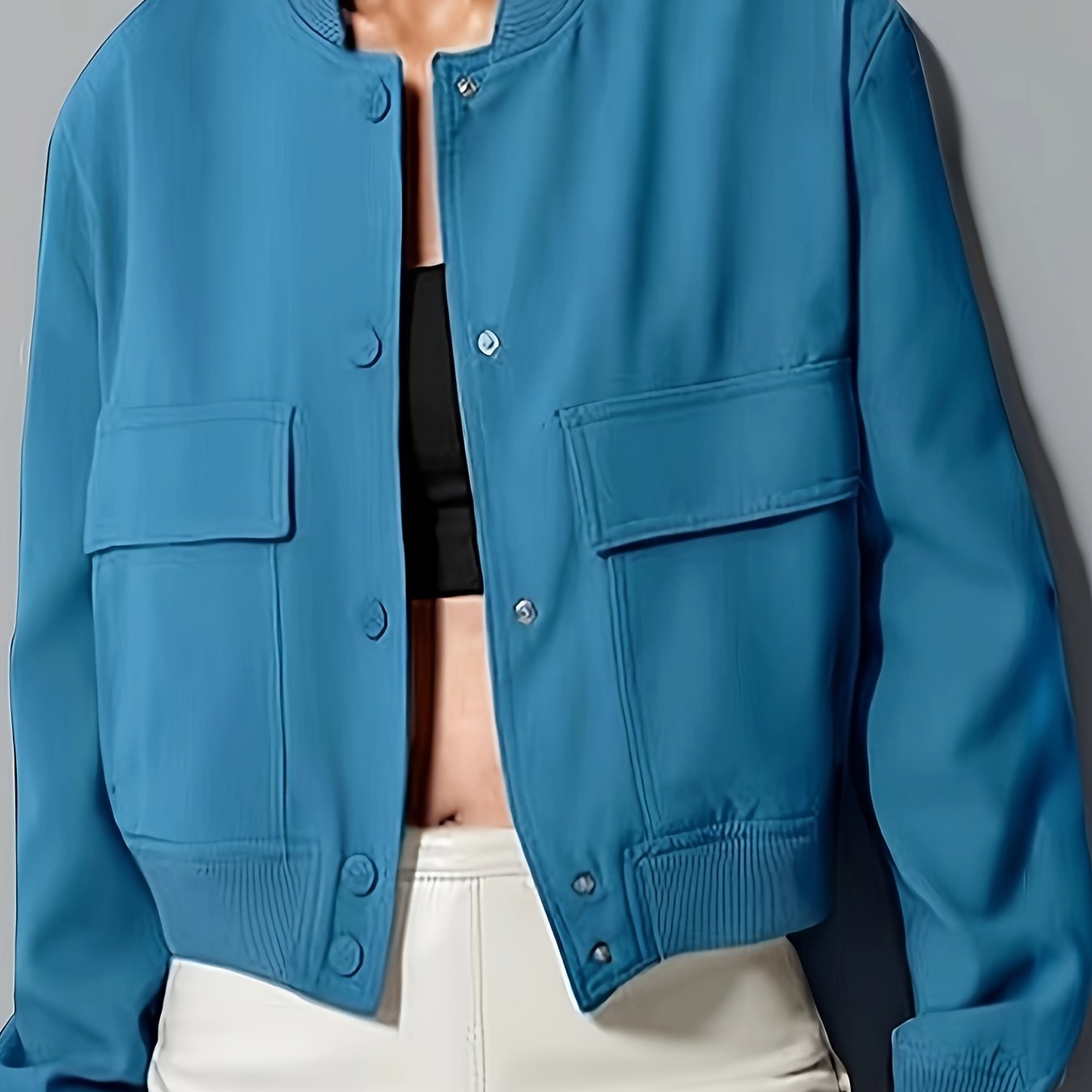 Women's Polyester Casual Bomber Jacket with Stand Collar and Large Pockets for Spring Fall