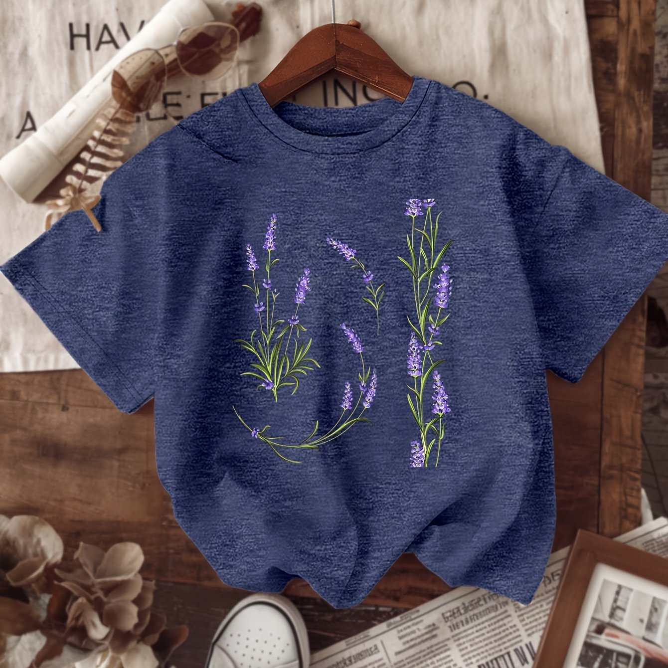 Plus Size Women's Lavender Letter Print Casual T-Shirt Floral Short Sleeve