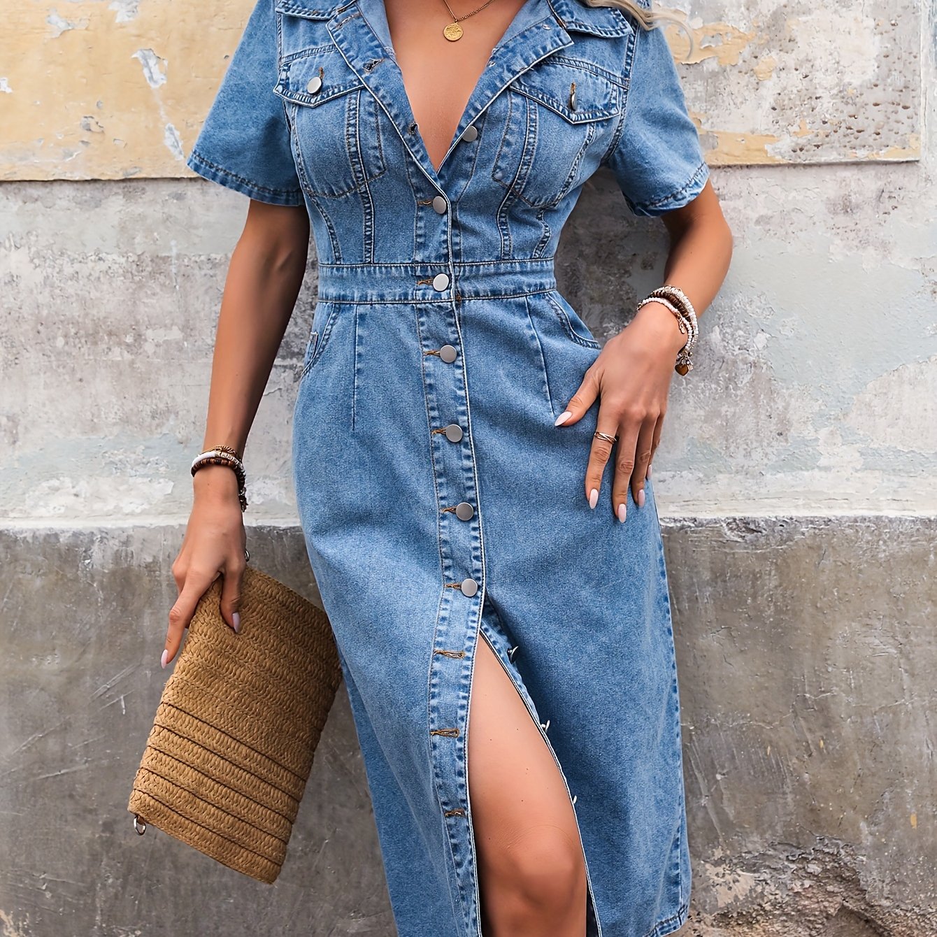 Women's Light Blue Denim Dress with Short Sleeves and Button Front