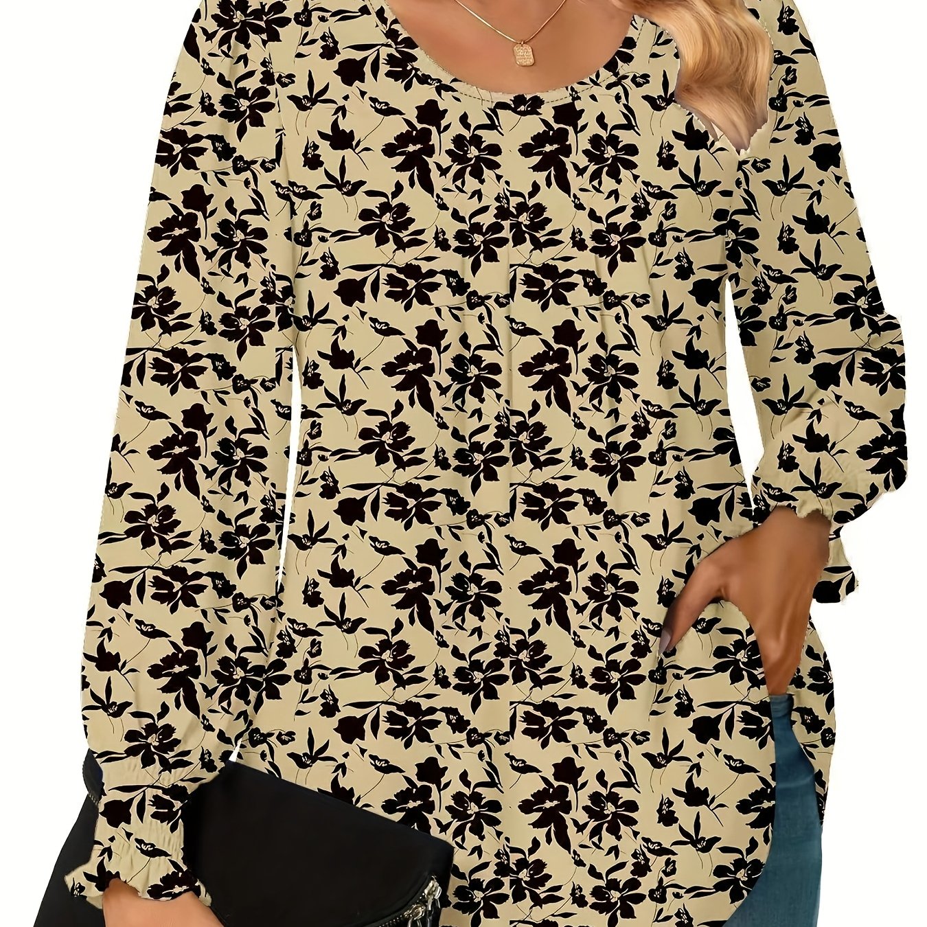 Plus Size Floral Print Blouse Women's Casual Long Sleeve Shirt Machine Washable