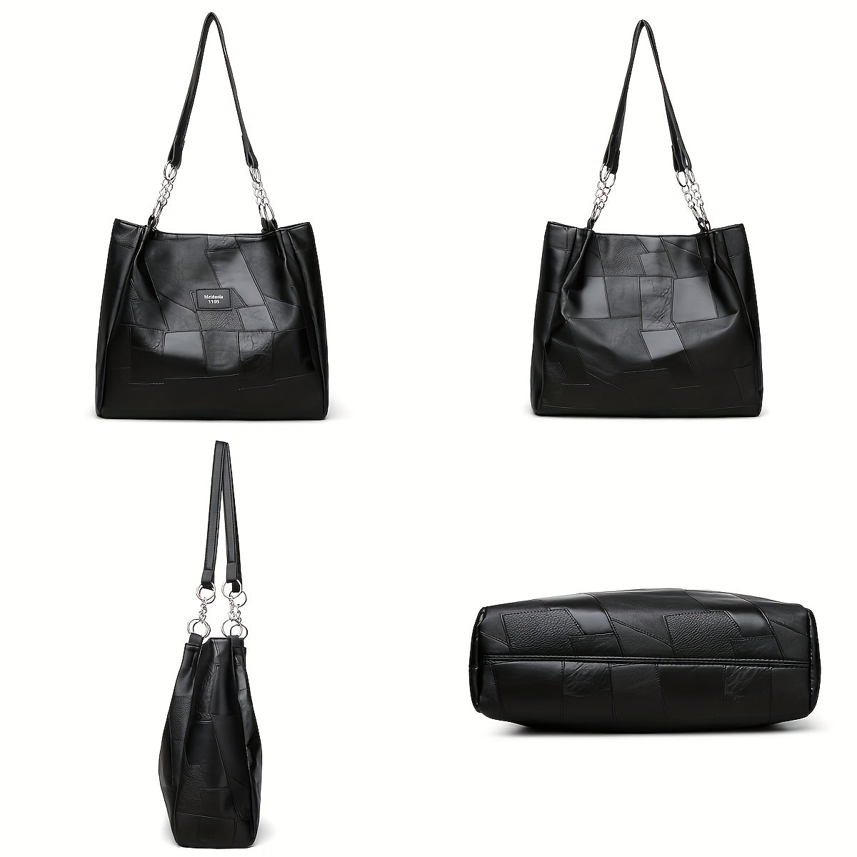 Black Quilted Faux Leather Tote Bag with Chain Strap for Travel and Shopping