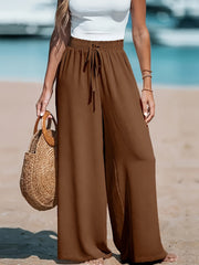 Women's Wide Leg Pants with Drawstring Solid Color Polyester Blend Fall Trousers