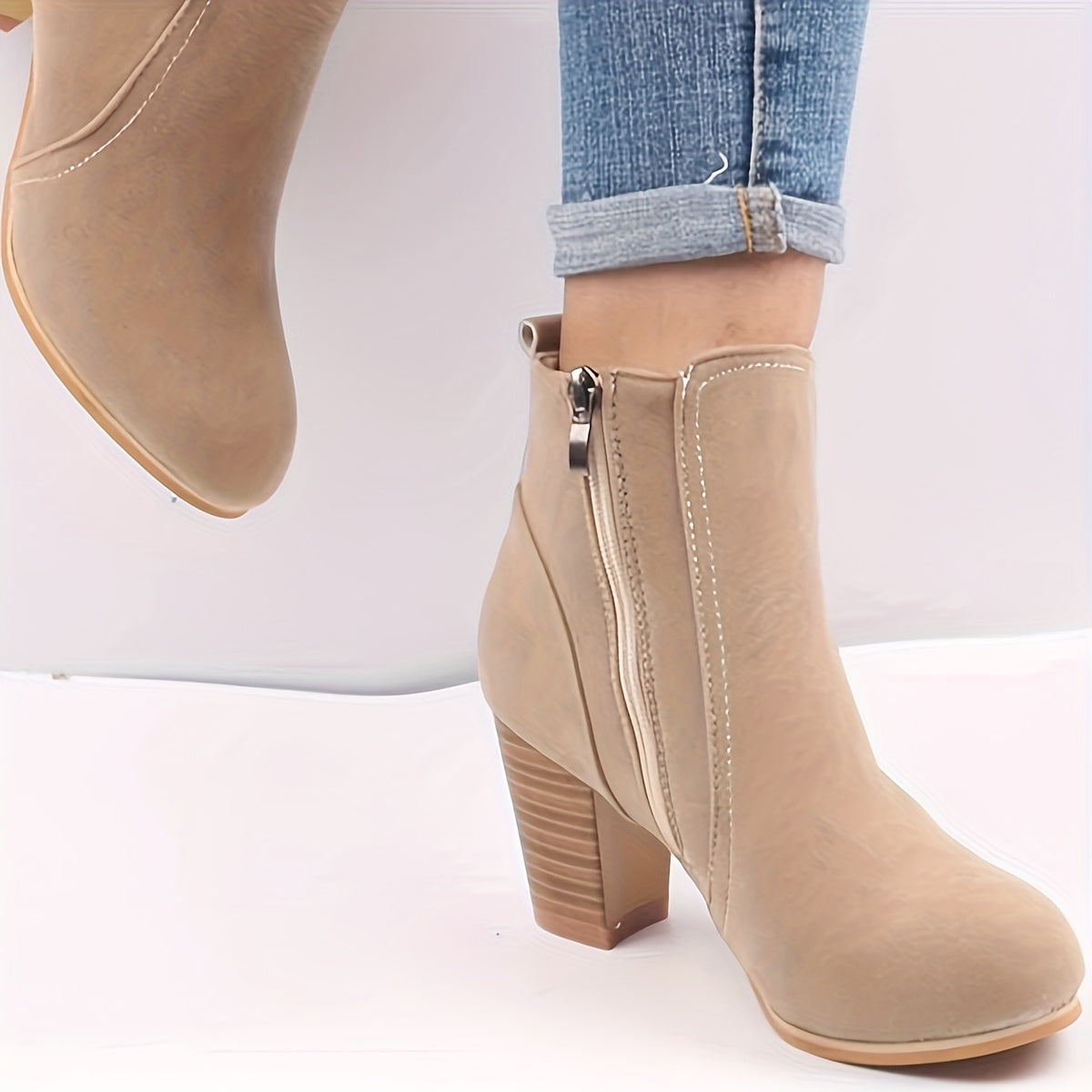 Women's Beige Fabric Ankle Boots with Chunky Heel and Zipper