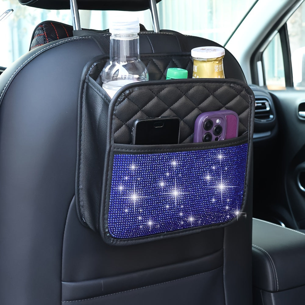 Organizador trasero para asiento de coche, bolsa de almacenamiento de cuero PU brillante para vehículos, negro