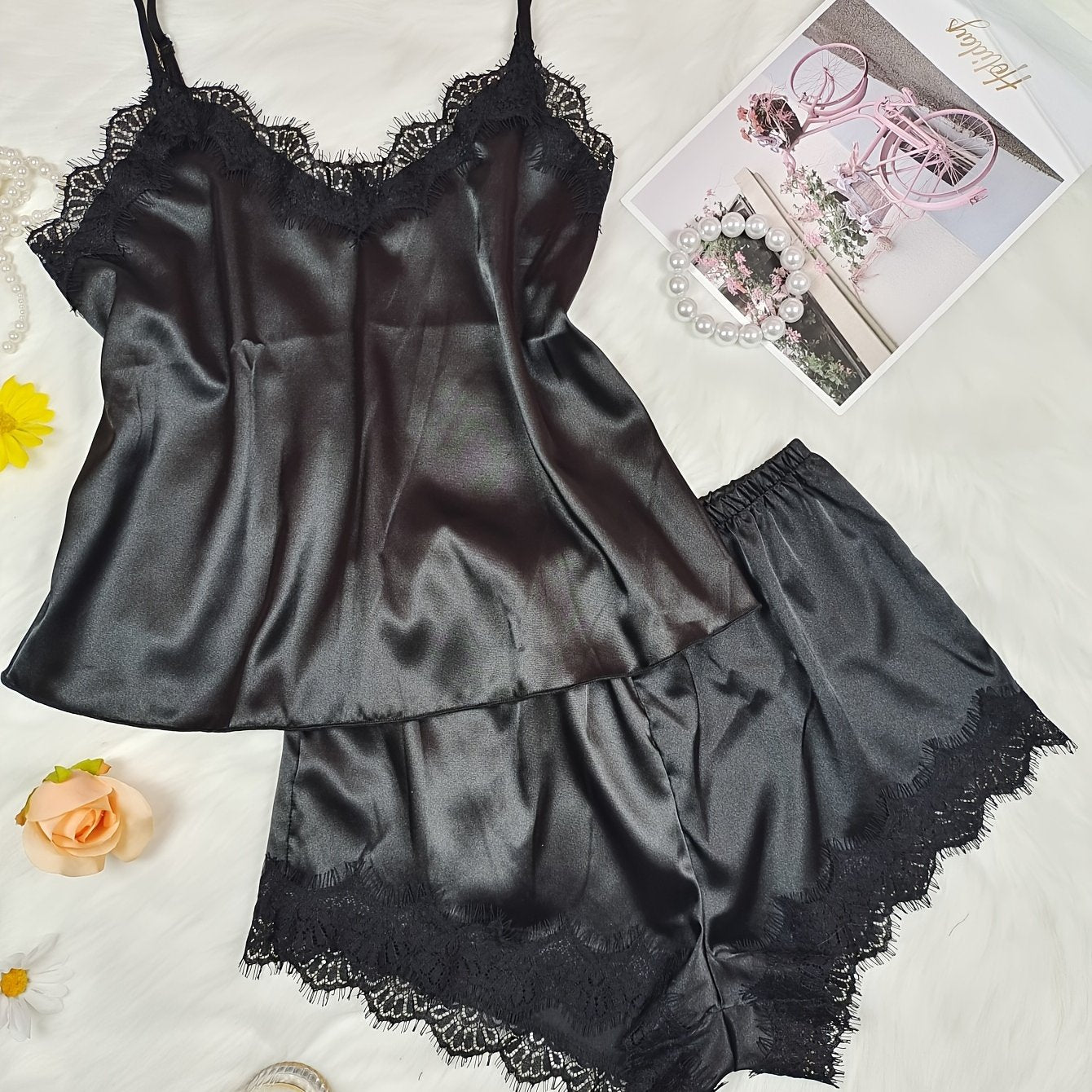 Women's Sexy Pajama Set with V-Neck Off-Shoulder Lace Trim Polyester Blend