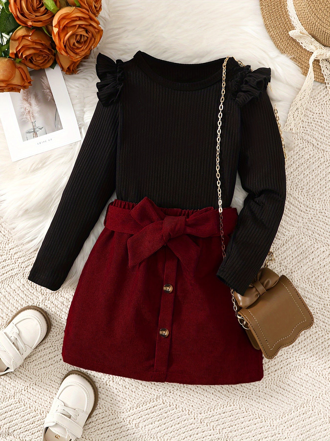 Girls Spring Summer Short Skirt Set with Long Top Ribbed Flying Sleeves Belt