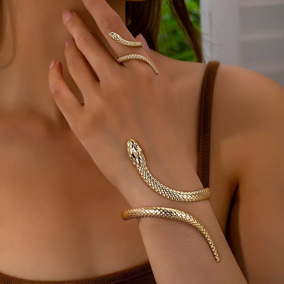 Retro Bohemian Snake-Shaped Ring and Bracelet Set Dark Trendy Jewelry Collection