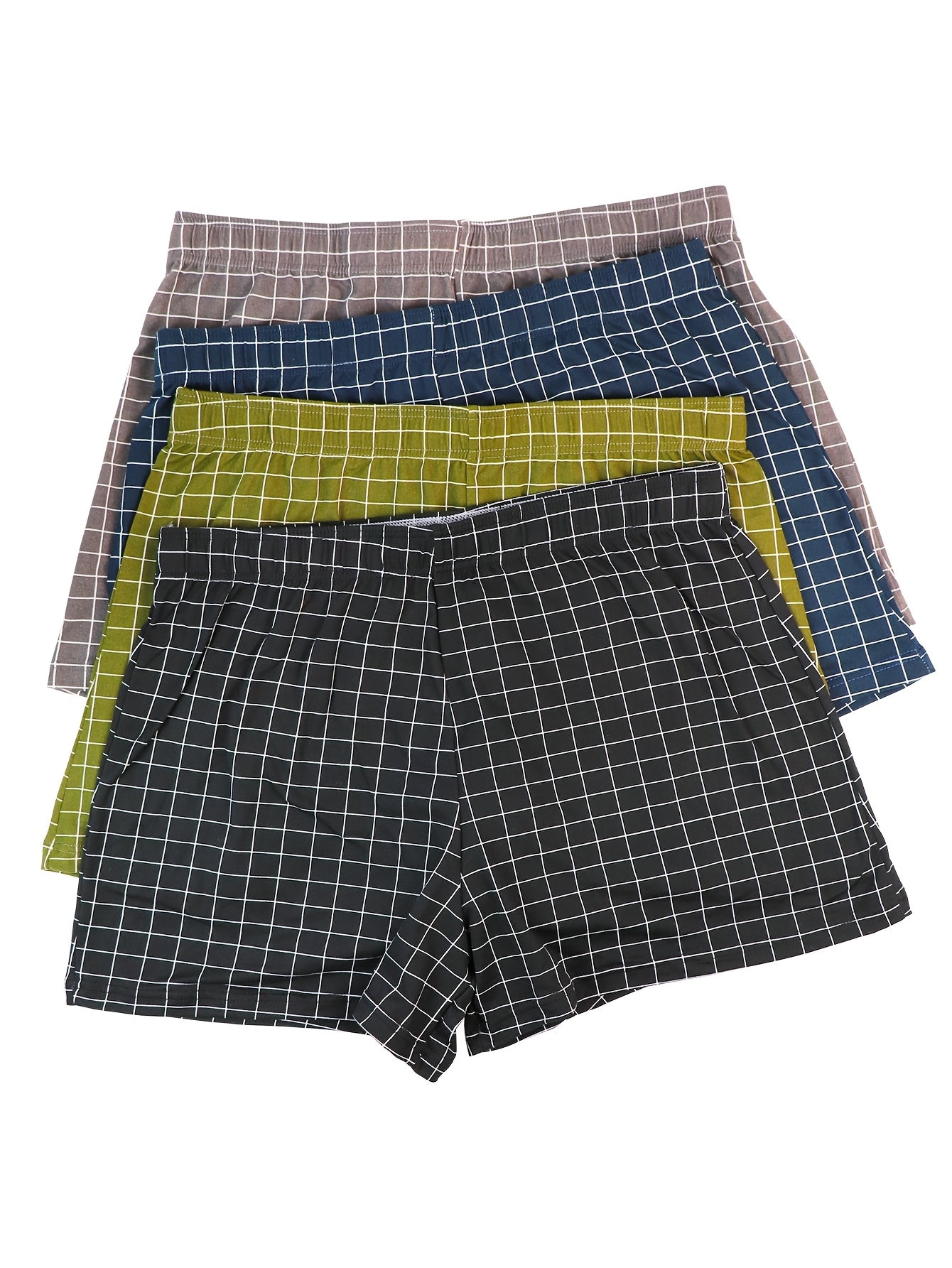 Men's 4-Pack Plaid Print Loose Fit Underwear Polyester Spandex Shorties