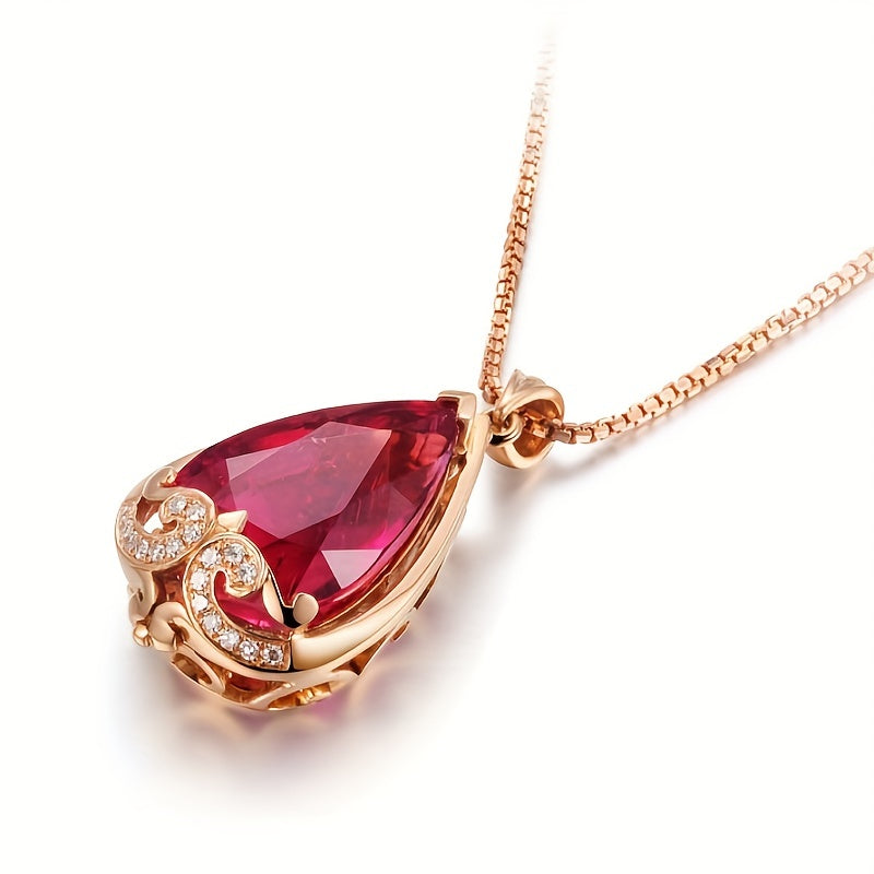 Water Drop-Shaped Rose Gold Pendant Necklace with Pigeon Blood Red and Sapphire Stones for Women