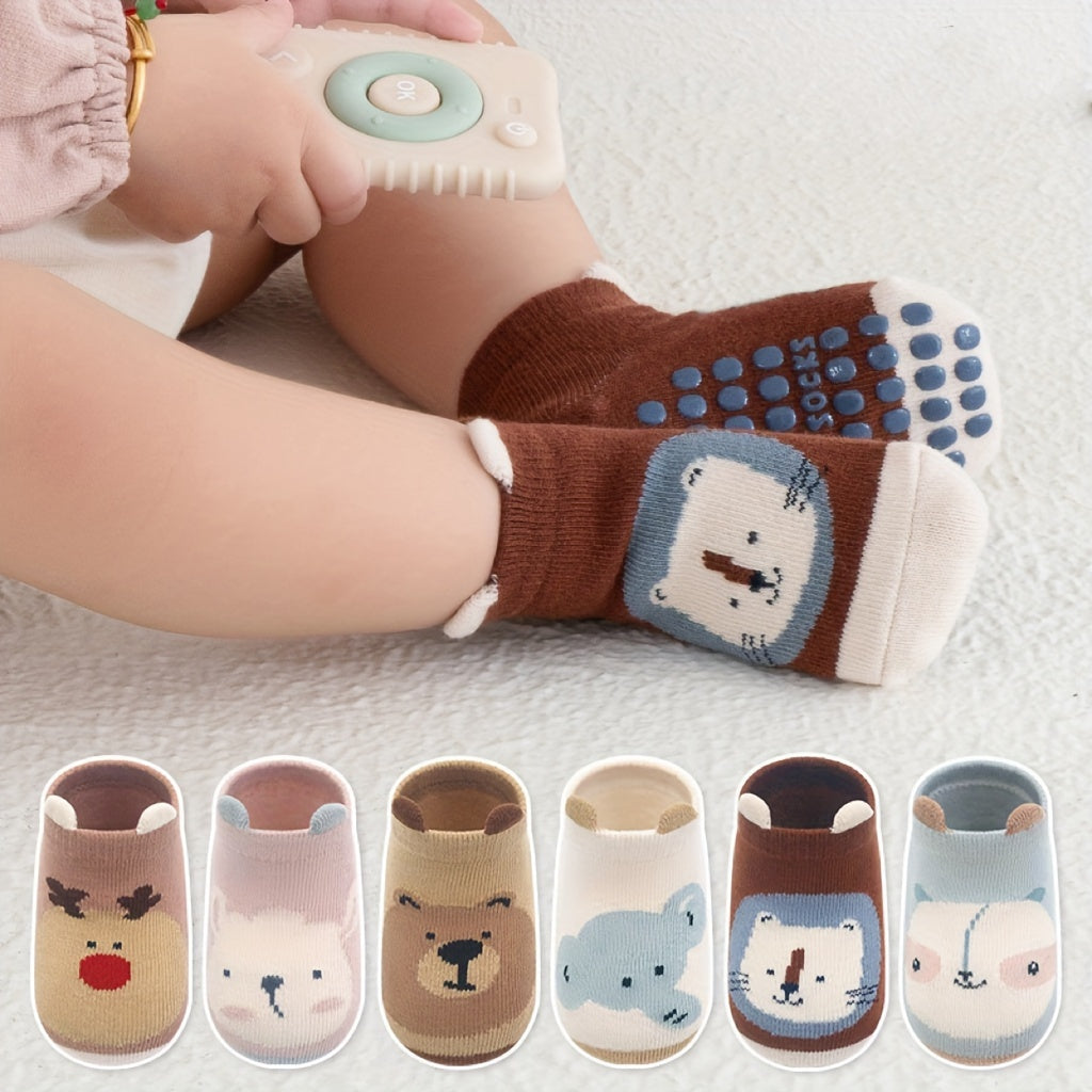 Kids Socks 6 Pairs Non-Slip Cartoon Animal Cotton Blend Breathable All-Season