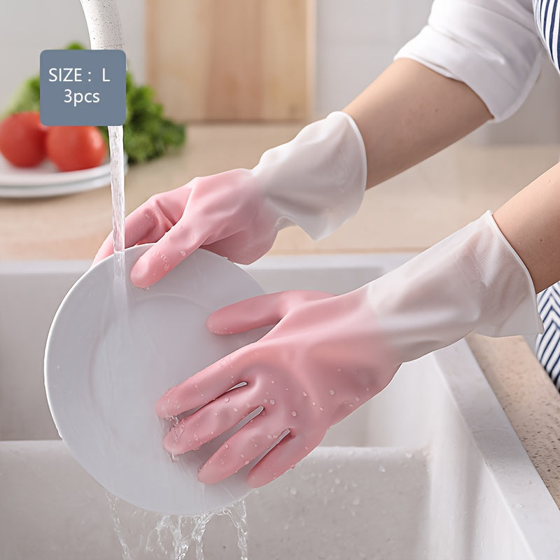 Three Pairs Waterproof Kitchen Cleaning Gloves Non-Slip Household Protection