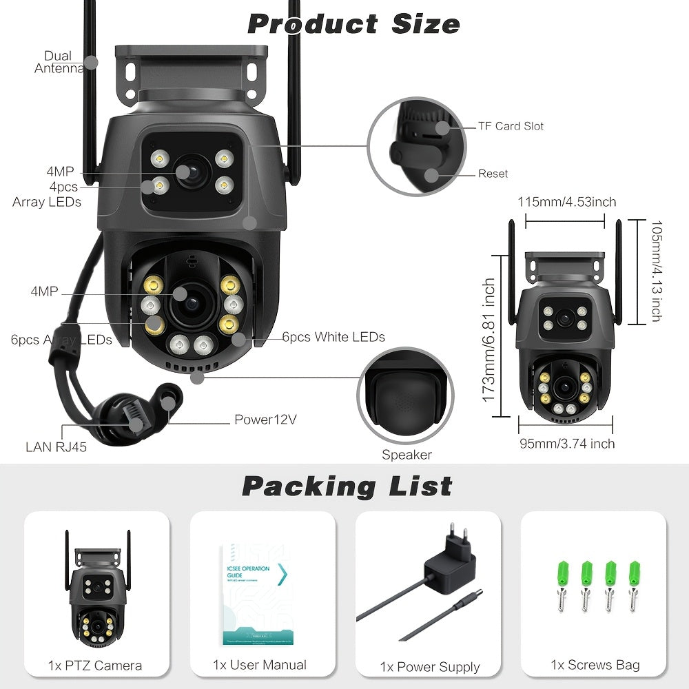 ANSCHIAT Tashqi Xavfsizlik Kamerasi 2 ta juft 4MP linzalari, WiFi ulanishi, harakatni aniqlash, 360° aylanish, ikki tomonlama aloqa, to'liq rangli tungi ko'rish va saqlash mosligi bilan. Yevropa Ittifoqi