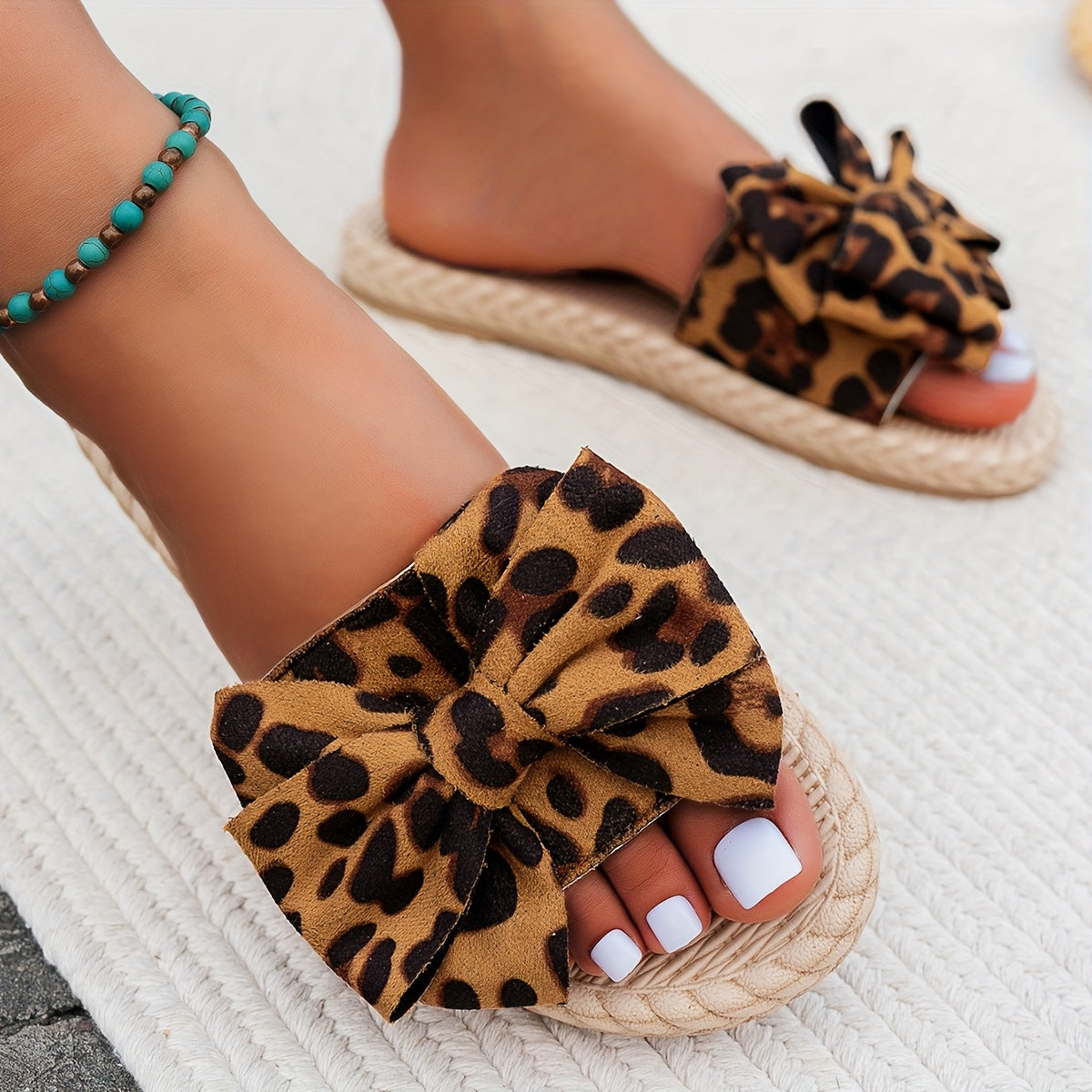 Women's Leopard Print Bow Slide Sandals Open Toe Non-Slip Flat Heel Blue Black