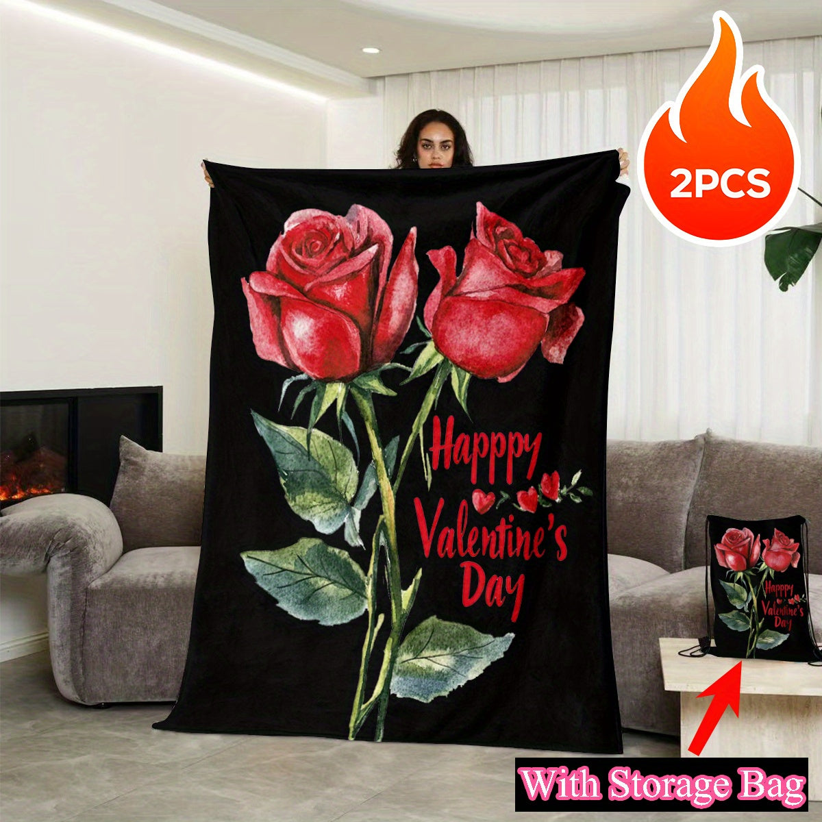 Red Rose Flannel Throw Blanket Set with Reversible Design and Pocket for Cozy Comfort