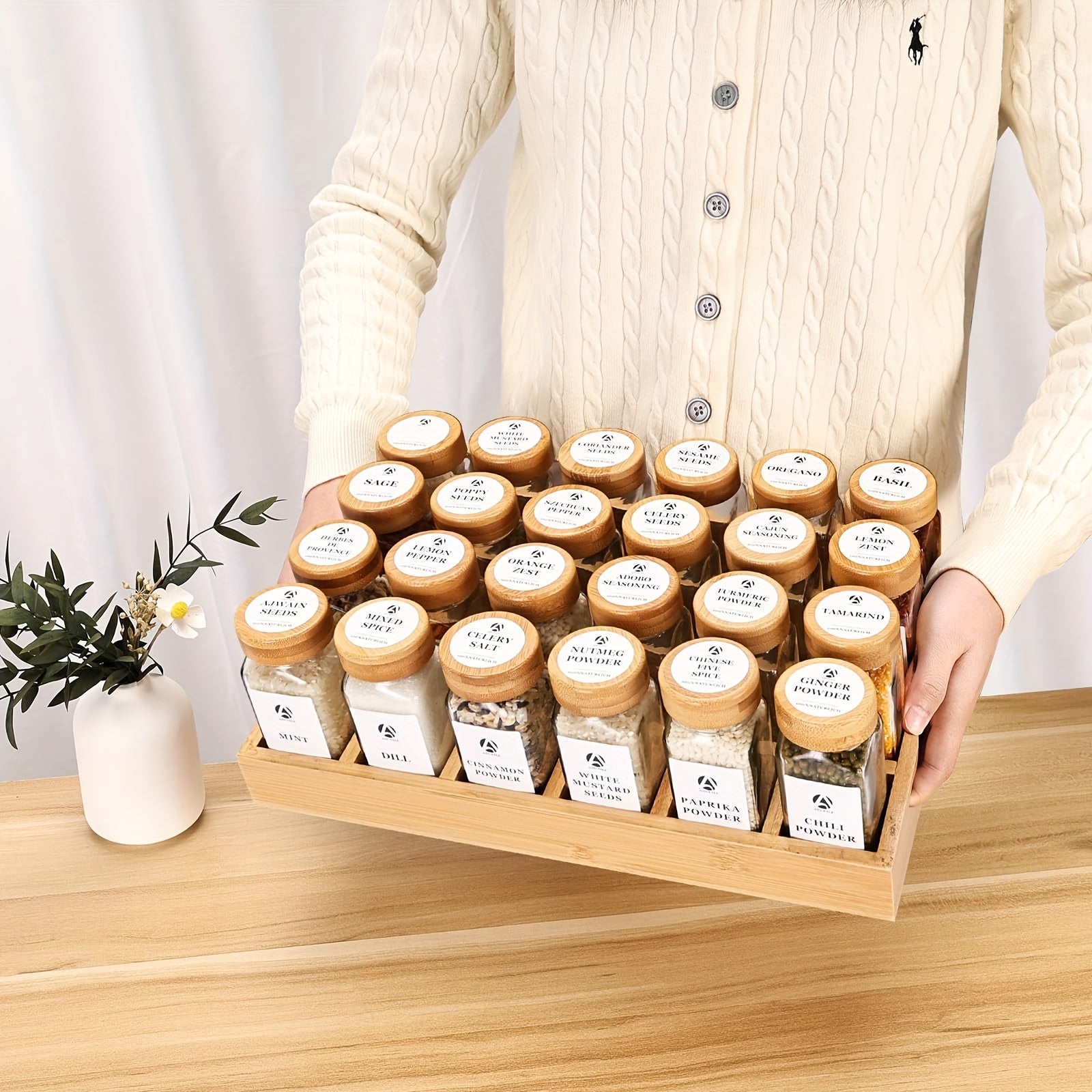 Spice Rack with 12 or 24 Jars Bamboo Lids Drawer Organizer Labels