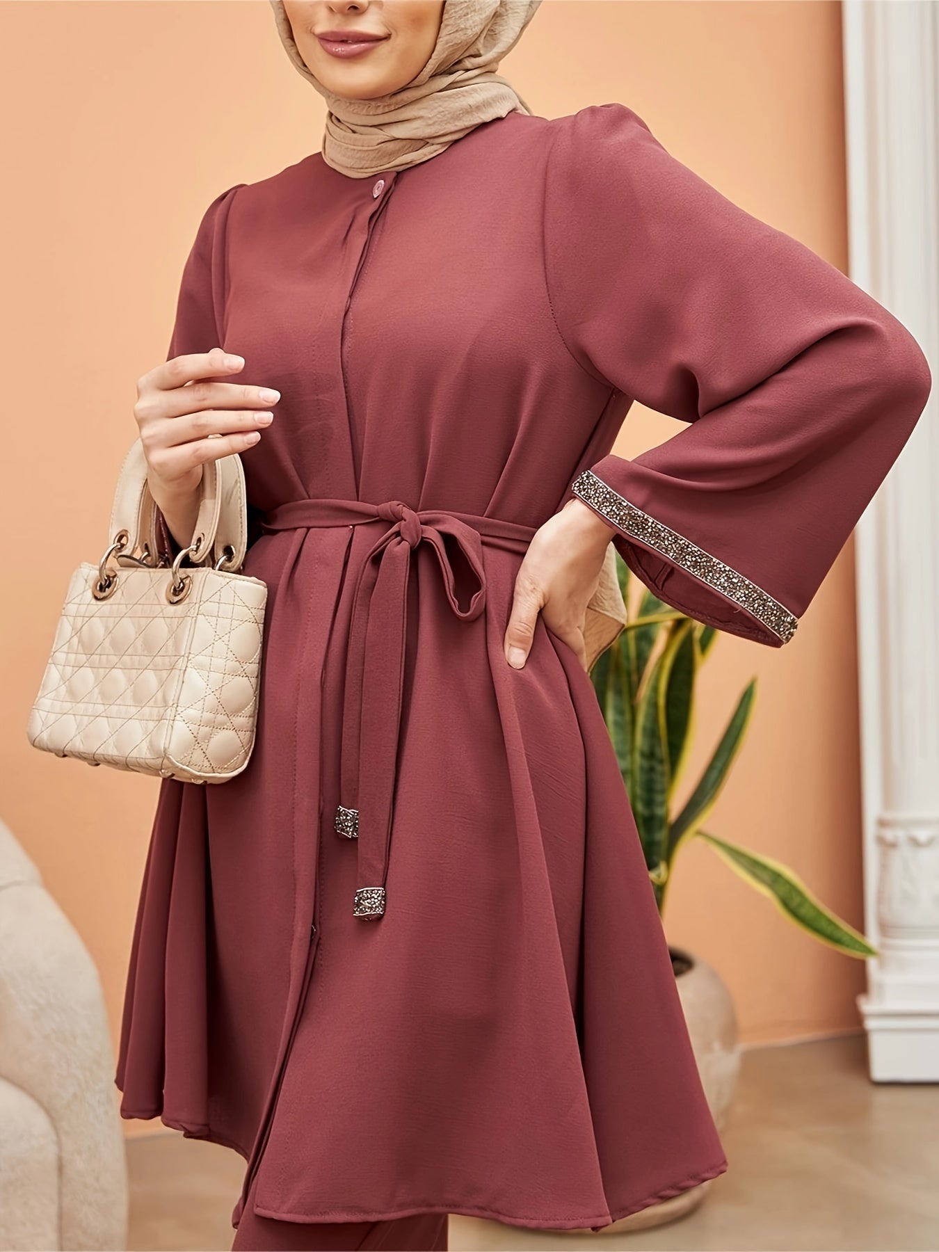 Women's Polyester Kaftan Dress with Contrast Trim and Belt