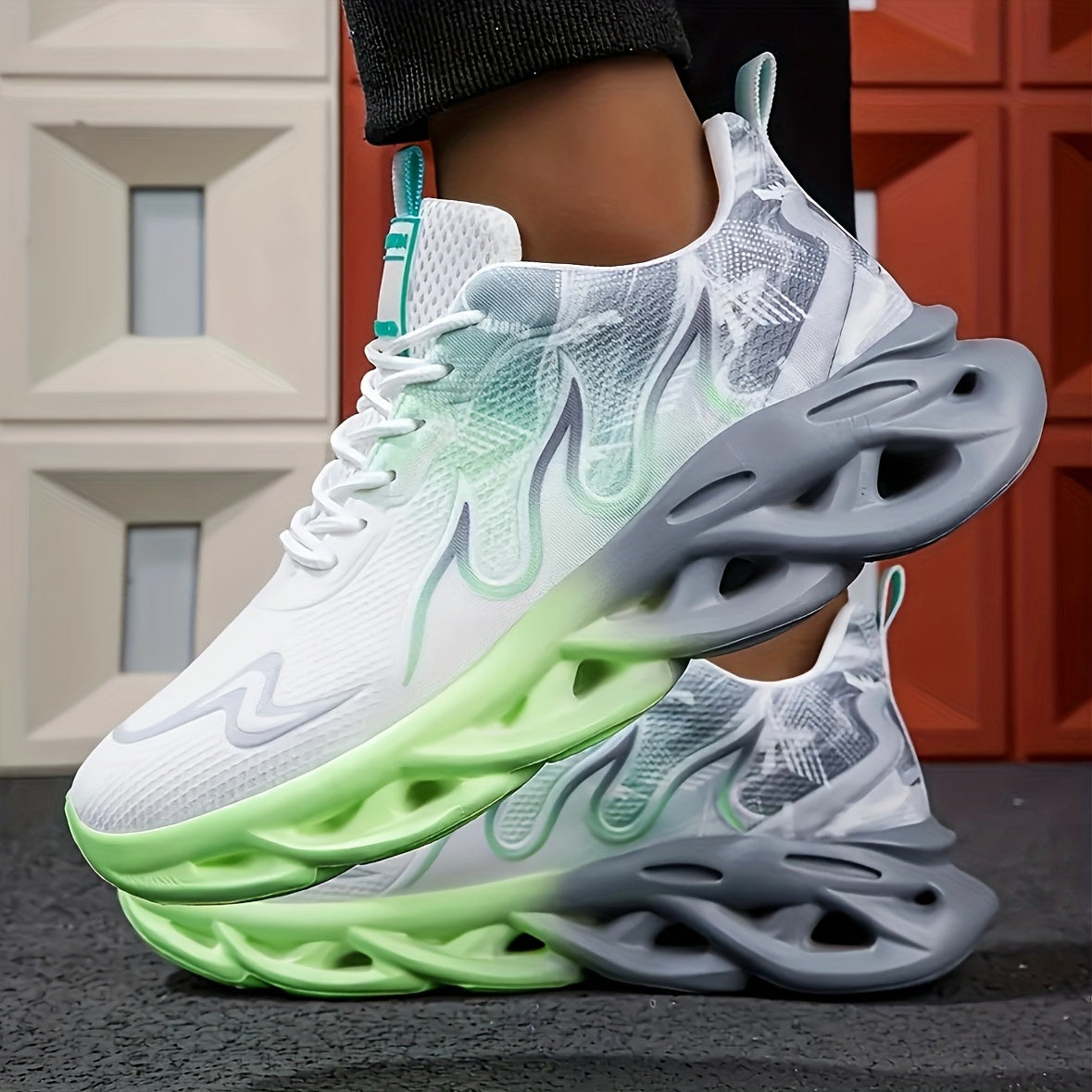 Men's Casual Athletic Sneakers Breathable Knit Upper Shock-Absorbing MD Sole Low Top Lace-Up Gray White