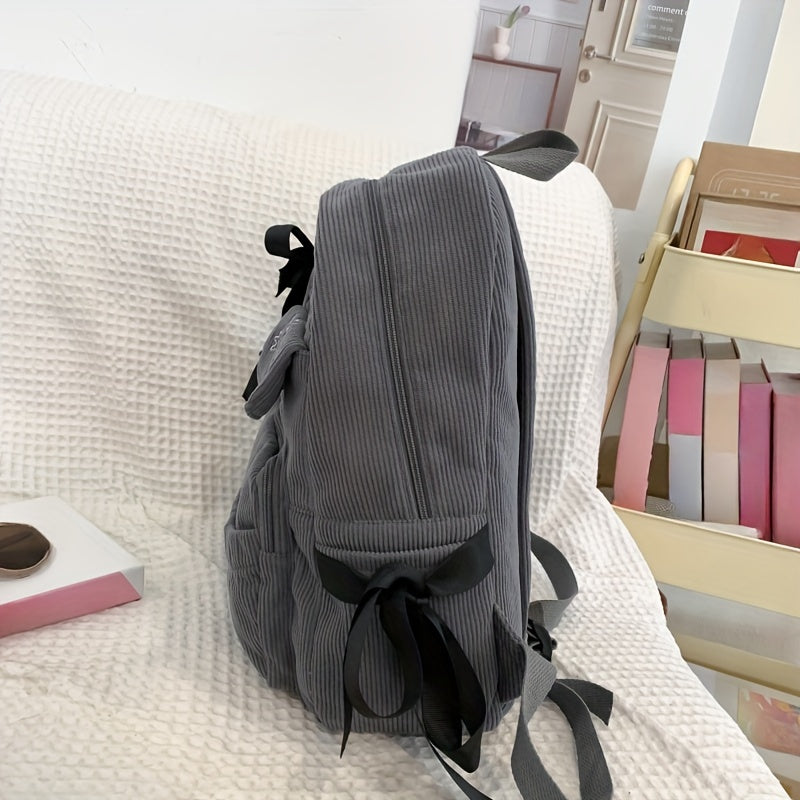 Ayollar uchun 1 dona korduroy bowknot ruksak, shirin uslub, chiziqli dizayn, sozlanadigan yelka tasmalari, noutbuk bo'limi, zip yopilishi, polyester astar, qo'l yuvish/quruq tozalash - Kundalik tasodifiy