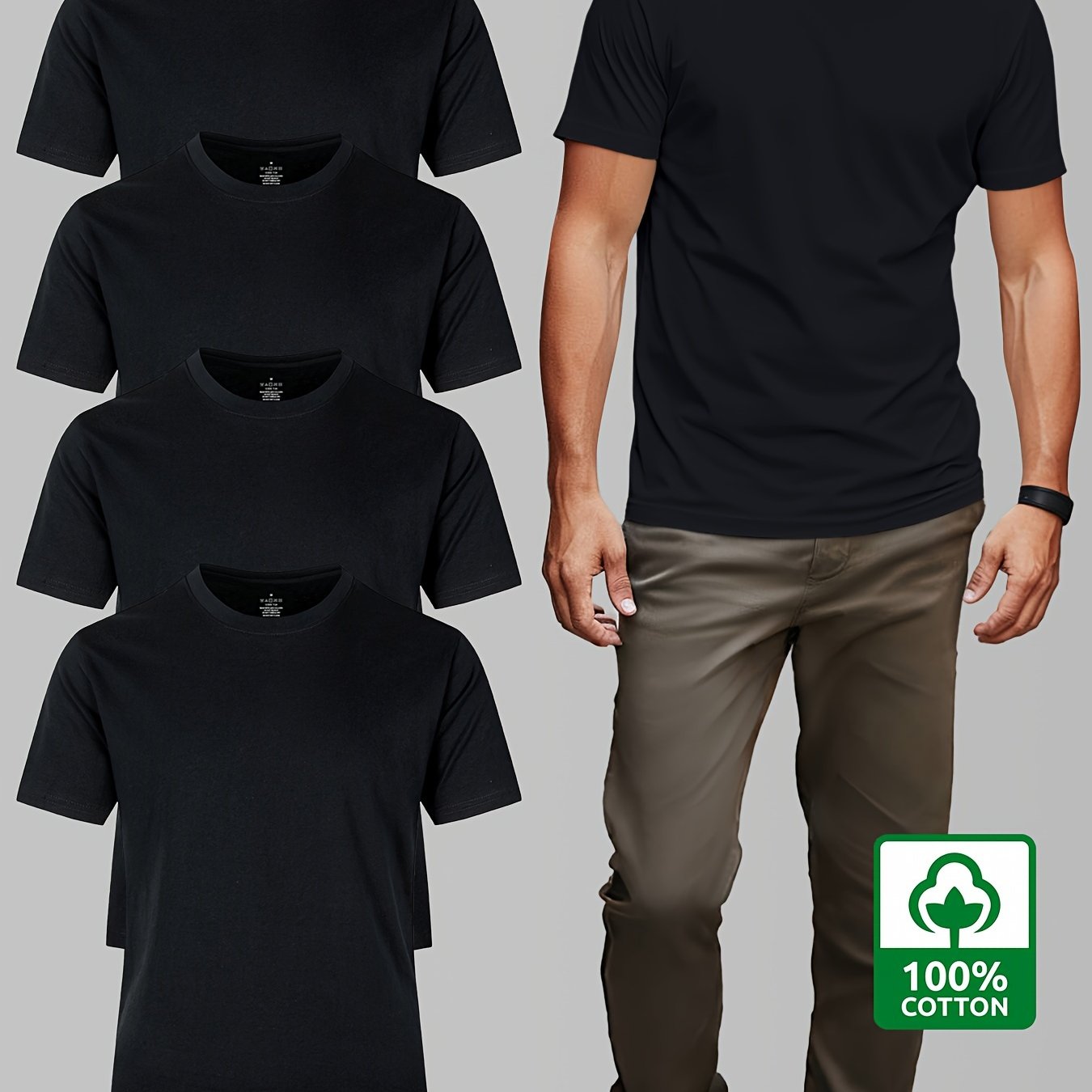 Men's Plus Size Cotton T-Shirt Crew Neck Solid Color Pack of 4 Summer Casual Breathable