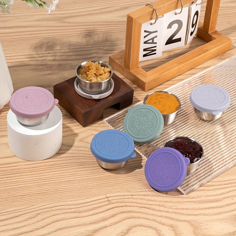 Stainless Steel Condiment Cup with Silicone Lid Leakproof Rust-Resistant Flower Pattern Multicolor