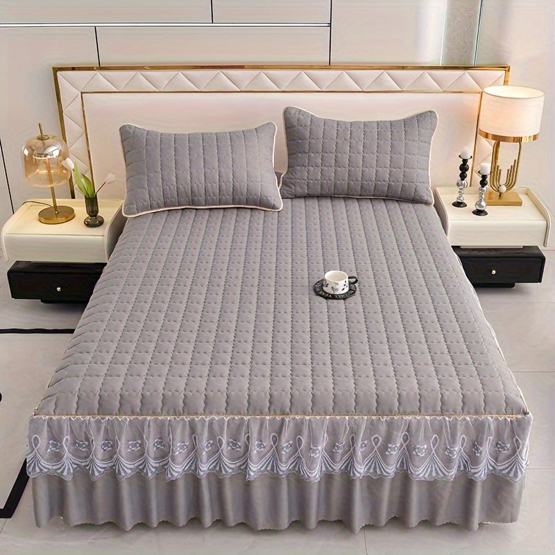 Luxury Bedding Set with Quilted Edge Bed Skirt Pillowcases Mattress Protector and Duvet Cover