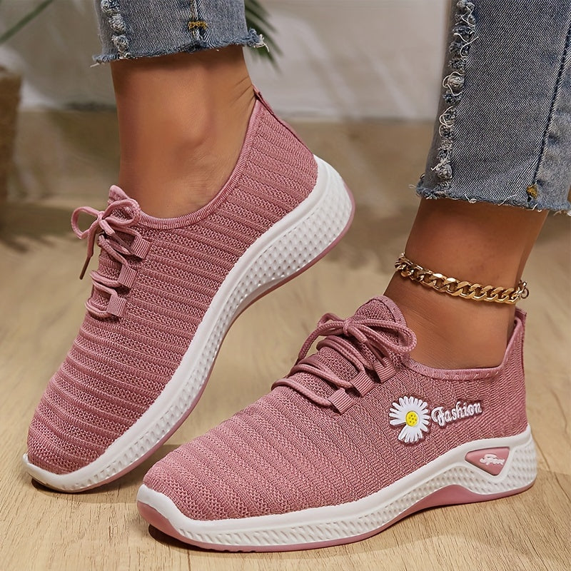 Women's Floral Pattern Lace-Up Sneakers Breathable Soft Sole Running Shoes