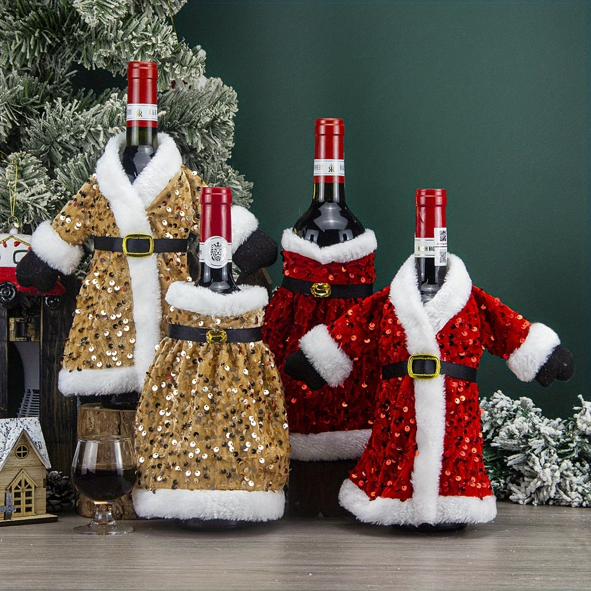Set of 2 Festive Christmas Wine Bottle Covers with Sequined Attire Plush Hats Leak-Proof Sweater