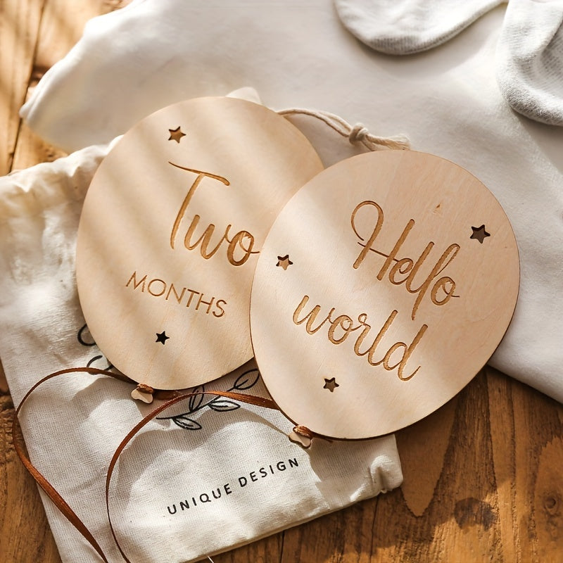 Set of Wooden Milestone Cards Light Brown Balloon Design for Baby First Year