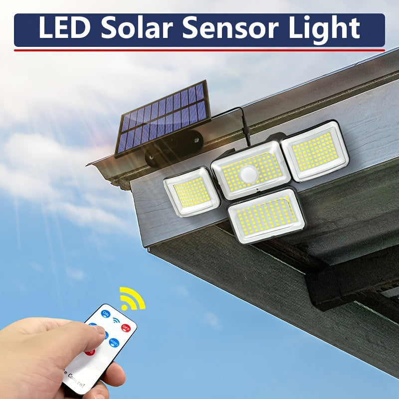 Luz de sensor de movimiento alimentada por energía solar con control remoto 288 LED, foco de seguridad de 4 cabezas, ángulo amplio de 300° para jardín, patio, camino, garaje, calle